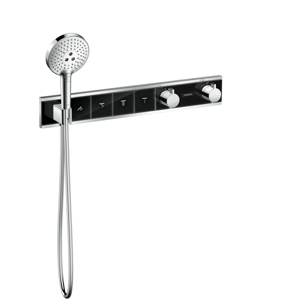 Hansgrohe RainSelect Thermostat Unterputzset, 4 Verbraucher, schwarz/chrom, mit Brausehalter und Tasten für Handbrause, Schwall, Rain groß, MonoRain