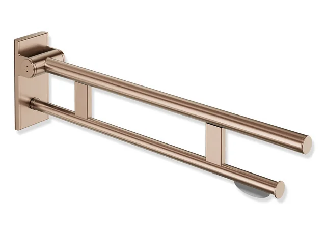 HEWI System 900 - Mobiler Stützklappgriff Duo, Design A, Edelstahl PVD, Kupfer gebürstet, Ausladung 750 mm, mit WC-Papierhalter
