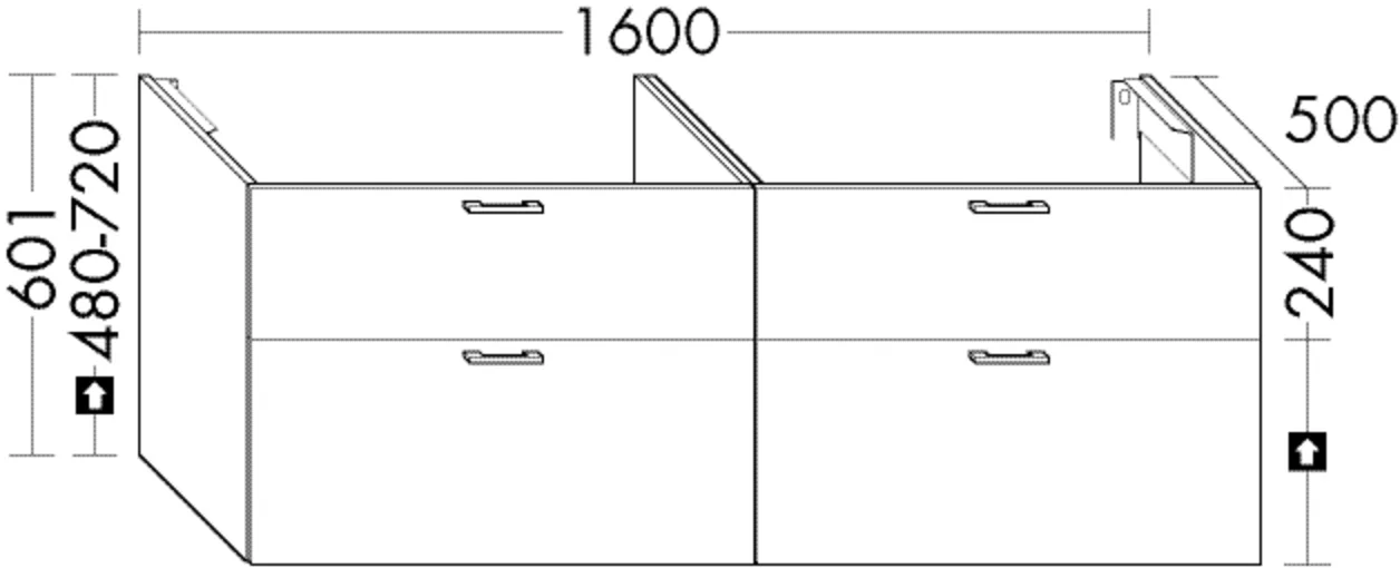 Burgbad Waschtischunterschrank Sys30, 160 cm breit, 60,1 cm hoch, 2 Schubladen oben, 2 Auszüge unten, inkl. Metallkonsole und Raumsparsiphon