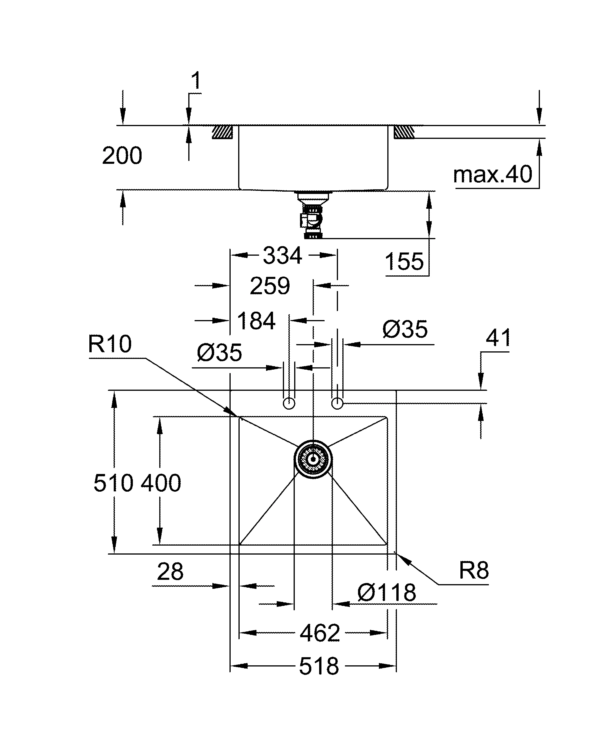 Edelstahlspüle K800 31583_1, Modell: K800 60-S 51,8/51 1.0, Montageart: aufliegend oder flächenbündig, Maße: 518 x 510 mm, 1 Becken: 462 x 400 x 200 mm, edelstahl