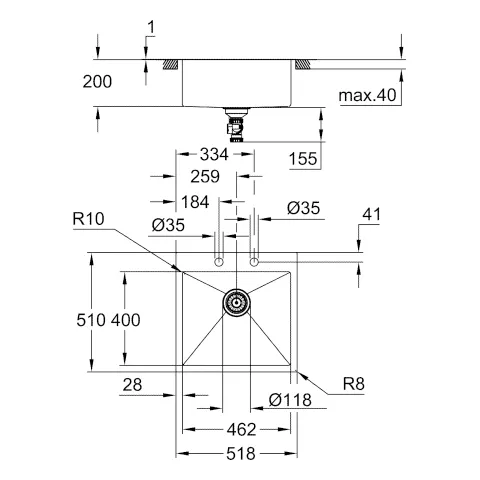 Grohe K800 Edelstahlspüle, Modell: K800 60-S 51,8⁄51 1.0, Montageart: aufliegend oder flächenbündig, Material: Edelstahl AISI 304 (V2A), Oberfläche: Satin Finish Grohe K800 Edelstahlspüle, Modell: K800 60-S 51,8⁄51 1.0, Montageart: aufliegend oder flächenbündig, Material: Edelstahl AISI 304 (V2A), Oberfläche: Satin Finish