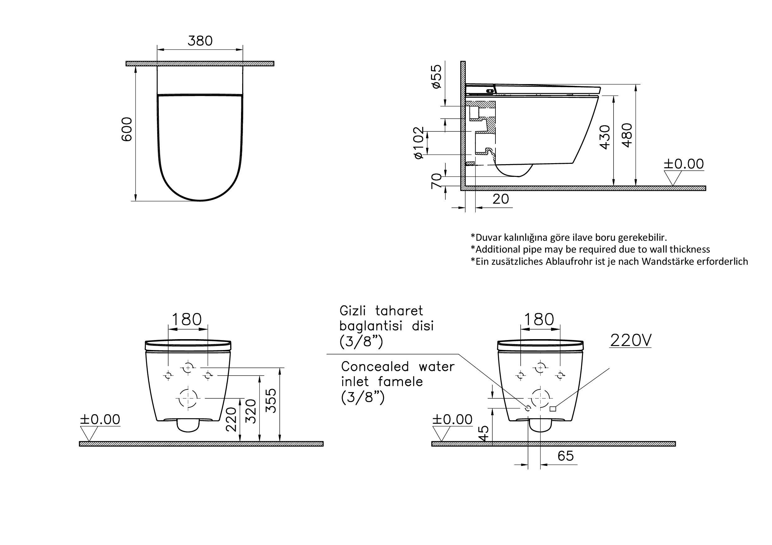 V-Care 3.0 Base Dusch-Wand-WC mit Vortex-Spülung ohne Spülrand 38 x 60 x 41 cm (BxTxH) Weiß Hochglanz mit Oberflächenveredelung Clean