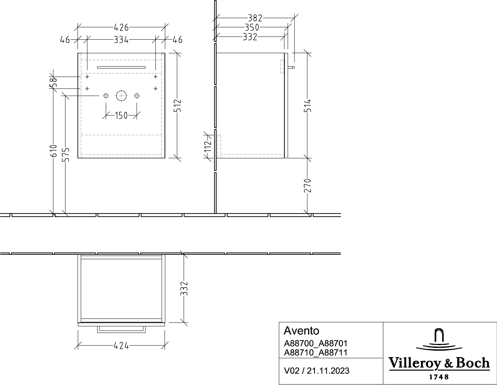 Villeroy & Boch Waschtischunterschrank mit Tür „Avento“ für Schrankwaschtisch 43 × 51,4 × 35,2 × 35,2 cm, Anschlag links, Soft Closing, 1 Tür