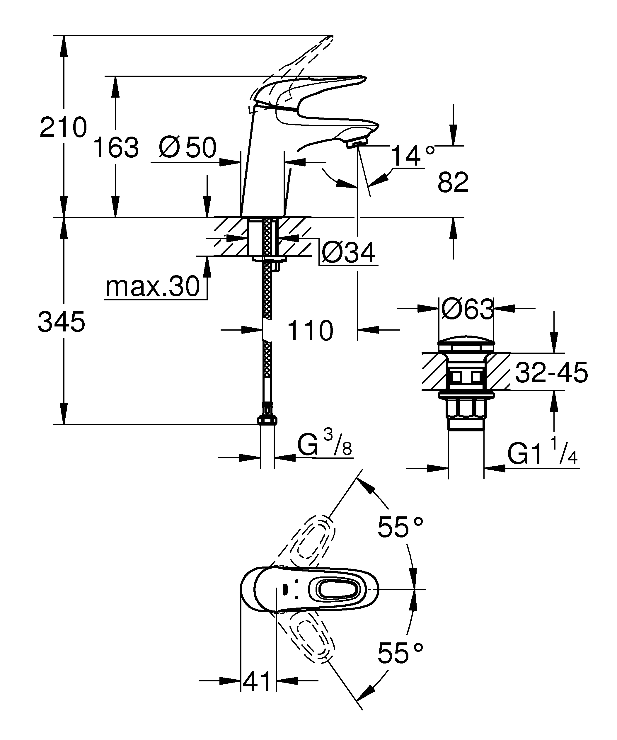 Einhand-Waschtischbatterie Eurostyle 23929_3, S-Size, Einlochmontage, glatter Körper, Push-open Ablaufgarnitur 1 1/4″, offener Metall-Hebelgriff, chrom