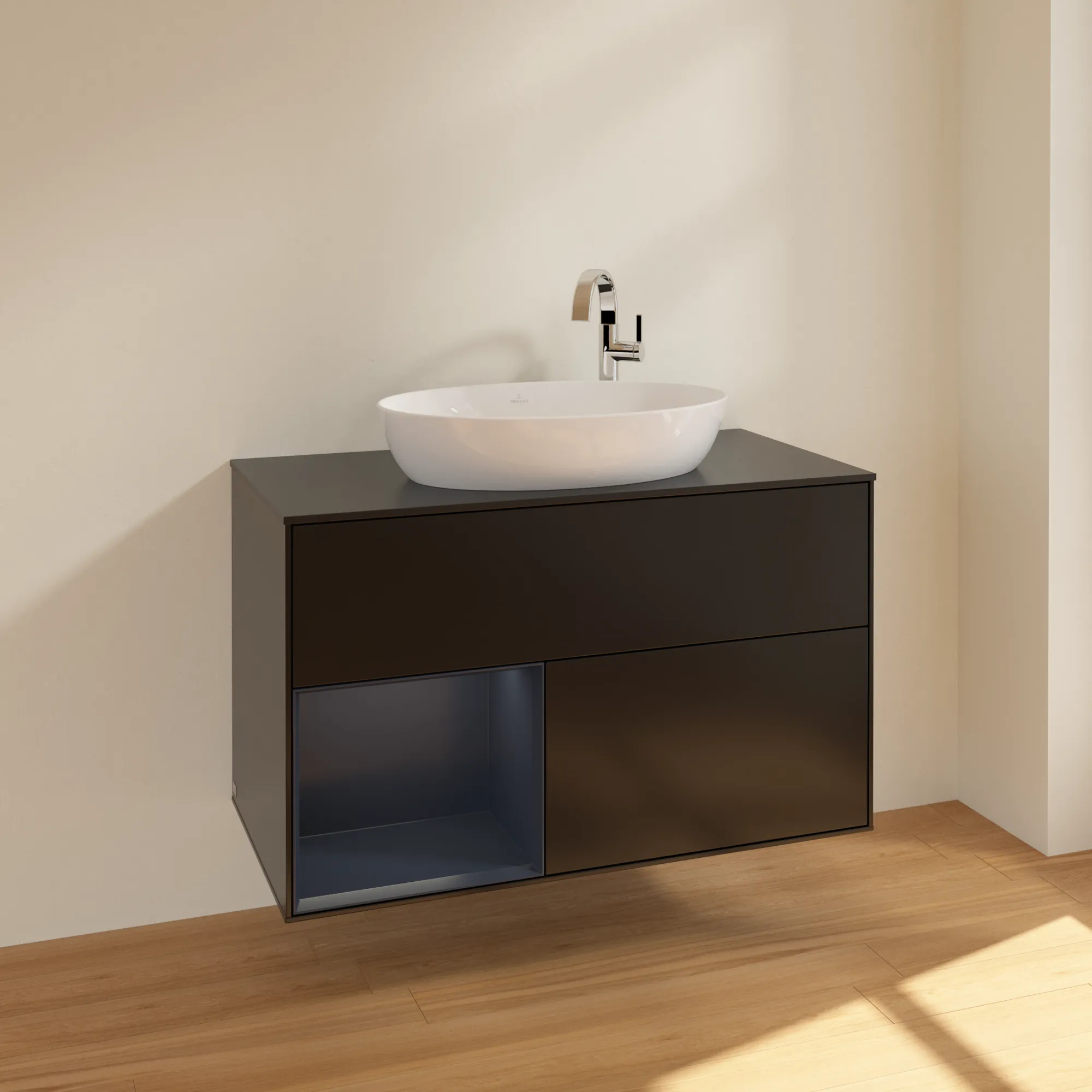 Villeroy & Boch Waschbeckenunterschrank Finion F89, 1000x603x501 mm, Black Matt Lacquer mit Midnight Blue Regal, Beleuchtung dimmbar, SoftClosing, Push-to-open, 2 Auszüge