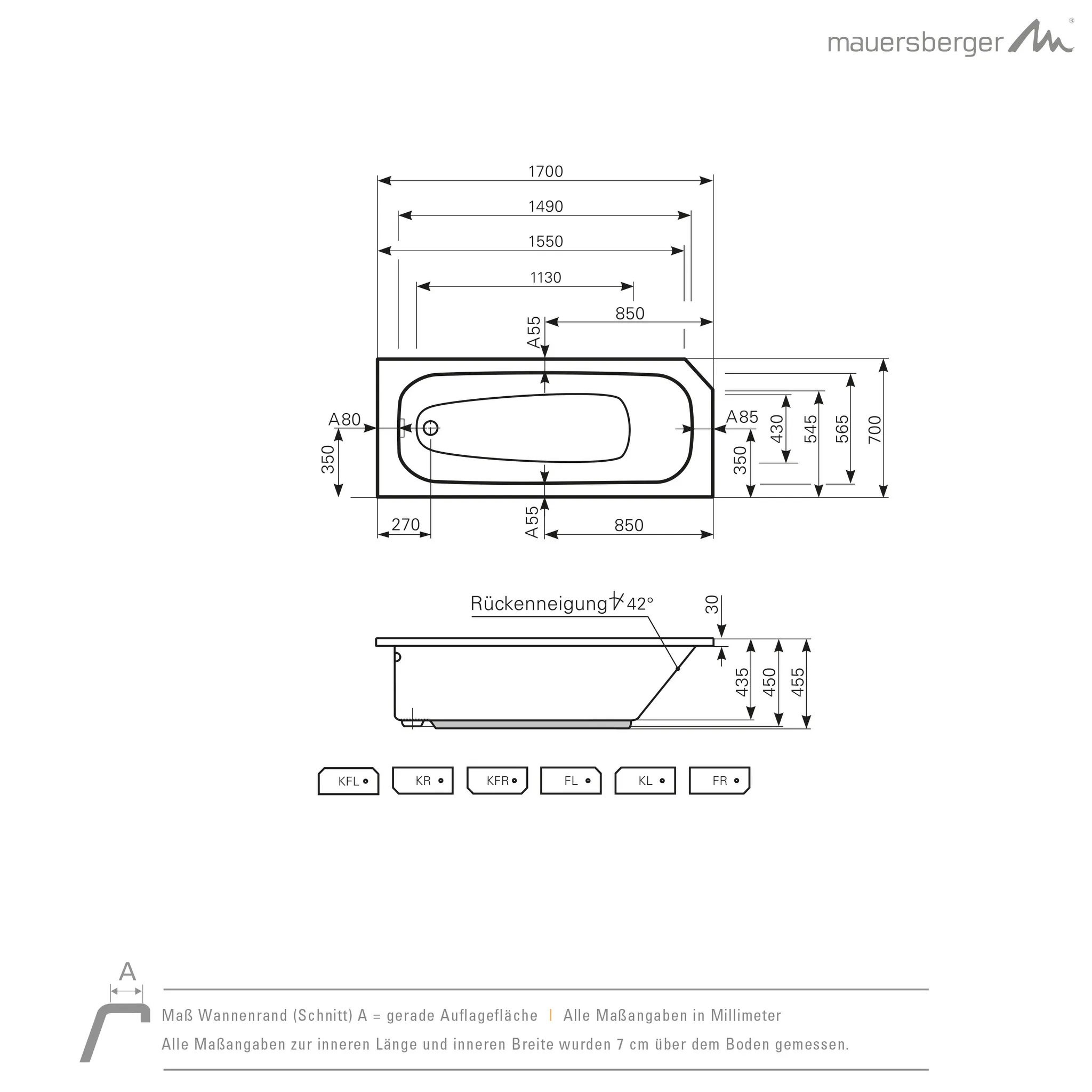 Mauersberger aurea Acryl-Badewanne Kompaktform Aurea 170/70 KR