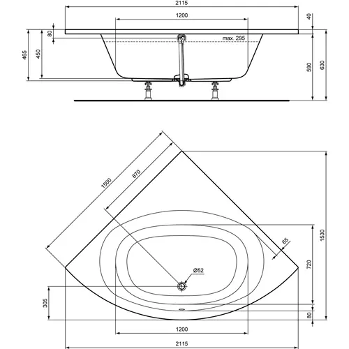 Badundu Badewanne eck viertelkreis 1500 × 2115 mm, Mittelablauf Badundu Badewanne eck viertelkreis 1500 × 2115 mm, Mittelablauf
