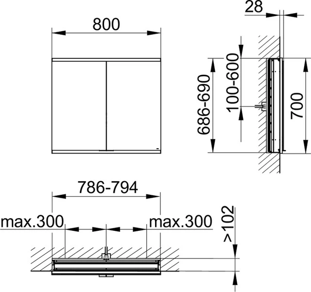 KEUCO Wandeinbau Spiegelschrank 2-türig „Royal Modular 2.0“ in Silber (eloxiert), Unterputz, mit Beleuchtung, mit Steckdose 800 × 700 × 120 mm