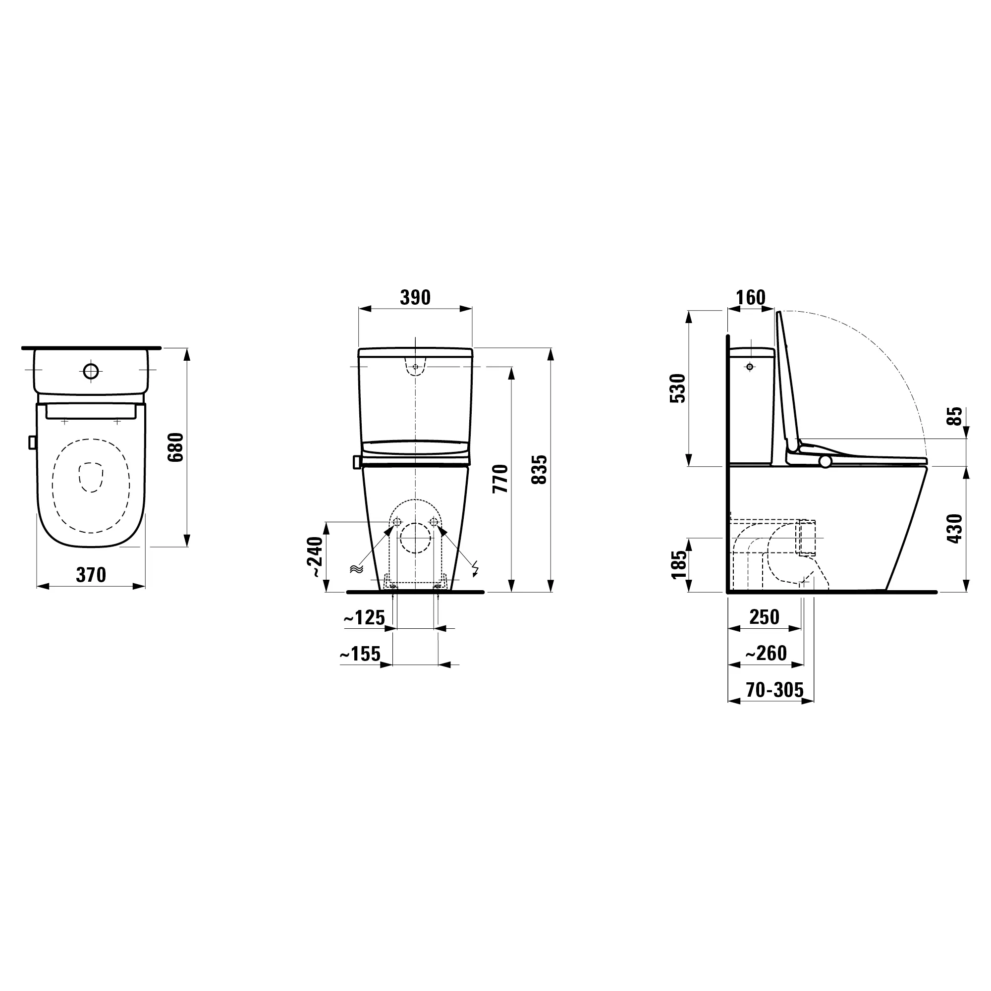 CLEANET MEDA Spülrandlose Stand-WC-Kombination, Silent Flush, Abgang waagrecht oder senkrecht Tiefspüler für 6/3l-Spülung mit Dusch-WC Aufsatz mit Fernbedeinung, Fön & Sitzheizung, weiß