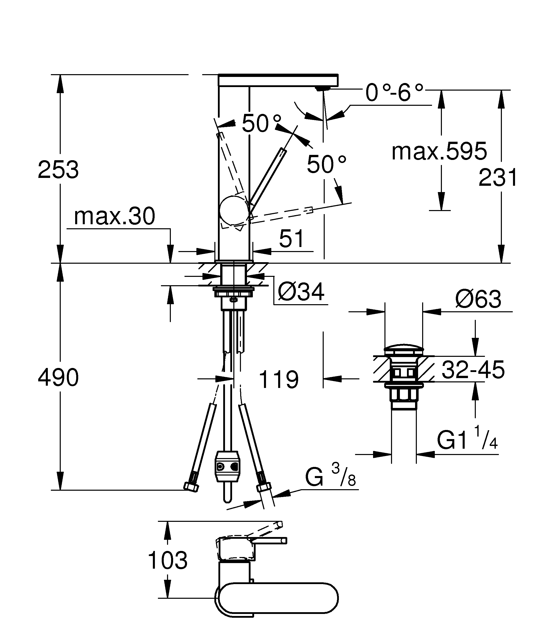 Einhand-Waschtischbatterie Plus 23844_3, L-Size, Einlochmontage, herausziehbarer Auslauf, glatter Körper, Push-open Ablaufgarnitur 1 1/4″, chrom