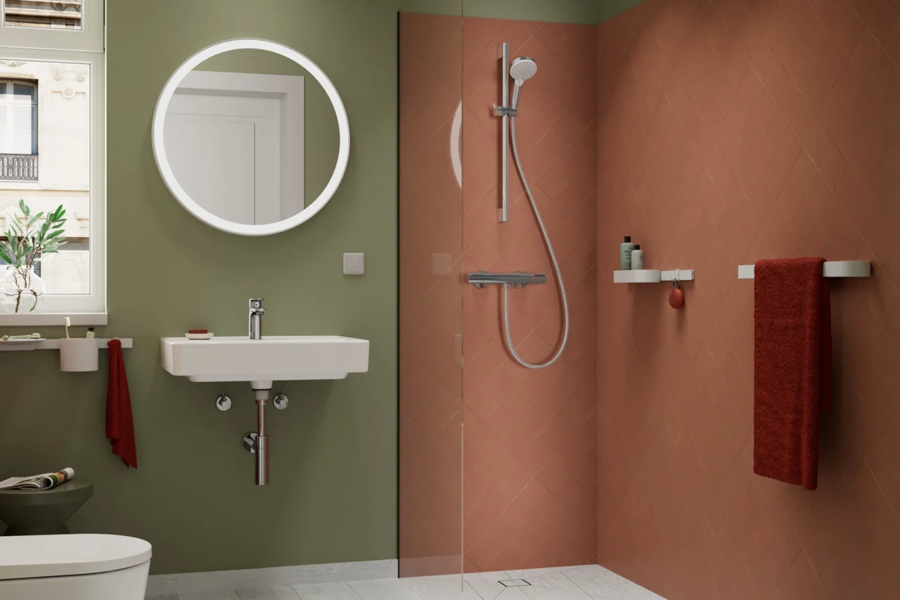 Hansgrohe Ecostat Element Brausethermostat Aufputz Chrom, DN15, Temperatur- und Volumensteuerung, EcoStop+ Taste begrenzt Wasserverbrauch auf 6 l/min, maximale Durchflussmenge bei 3 bar: 17 l/min, min. Betriebsdruck: 1 bar, max. Betriebsdruck: 10 bar, Si