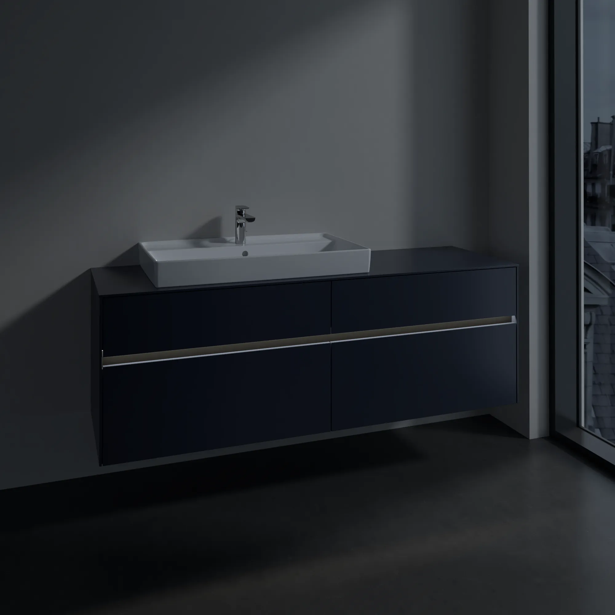 Villeroy & Boch Waschtischunterschrank „Collaro“ 1600 × 548 × 500 mm Marine Blue, mit Beleuchtung, für Becken links Villeroy & Boch Waschtischunterschrank „Collaro“ 1600 × 548 × 500 mm Marine Blue, mit Beleuchtung, für Becken links