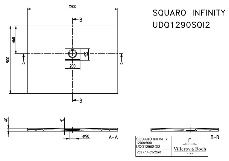 Villeroy & Boch rechteck Duschwanne „Squaro Infinity“ 120 × 90 cm