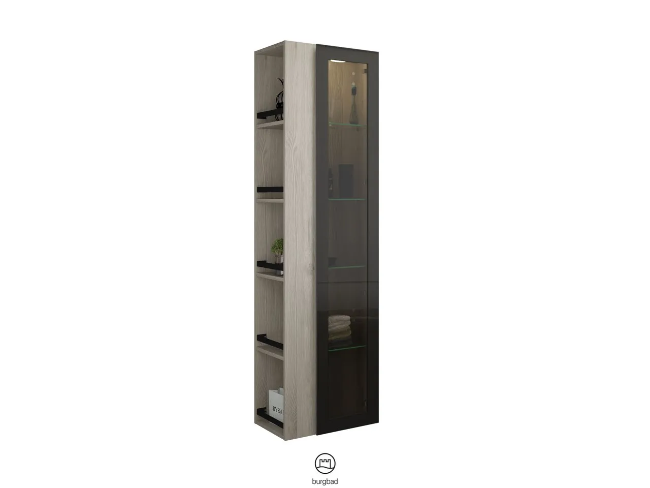 Hochschrank, 1 Alurahmentür mit Rauchglaseinsatz in Bronze;4 Glaseinlegeböden;LED-Innenbeleuchtung, 5 W, 4000 K;Energieeffizienzklasse F;für Raumschaltung;offenes Regal mit 4 Einlegeböden;IP20, Tiefe: 320 mm, Breite: 500 mm, Höhe: 1760 mm