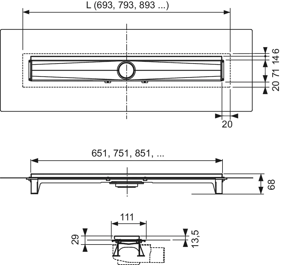 TECEdrainline-Evo, Duschrinne, mit Wandfliesenauflage, 800 mm