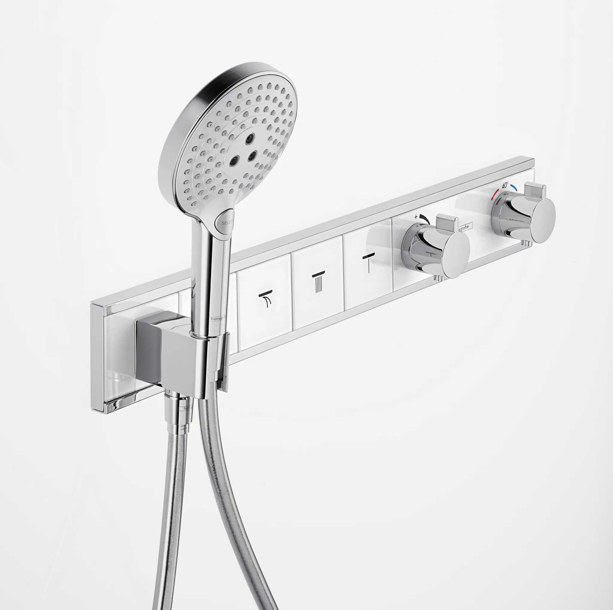 Hansgrohe RainSelect Thermostat Unterputz, 4 Verbraucher, weiß/chrom, mit integriertem Brausehalter und Tasten für Handbrause, Schwall, Rain groß, MonoRain