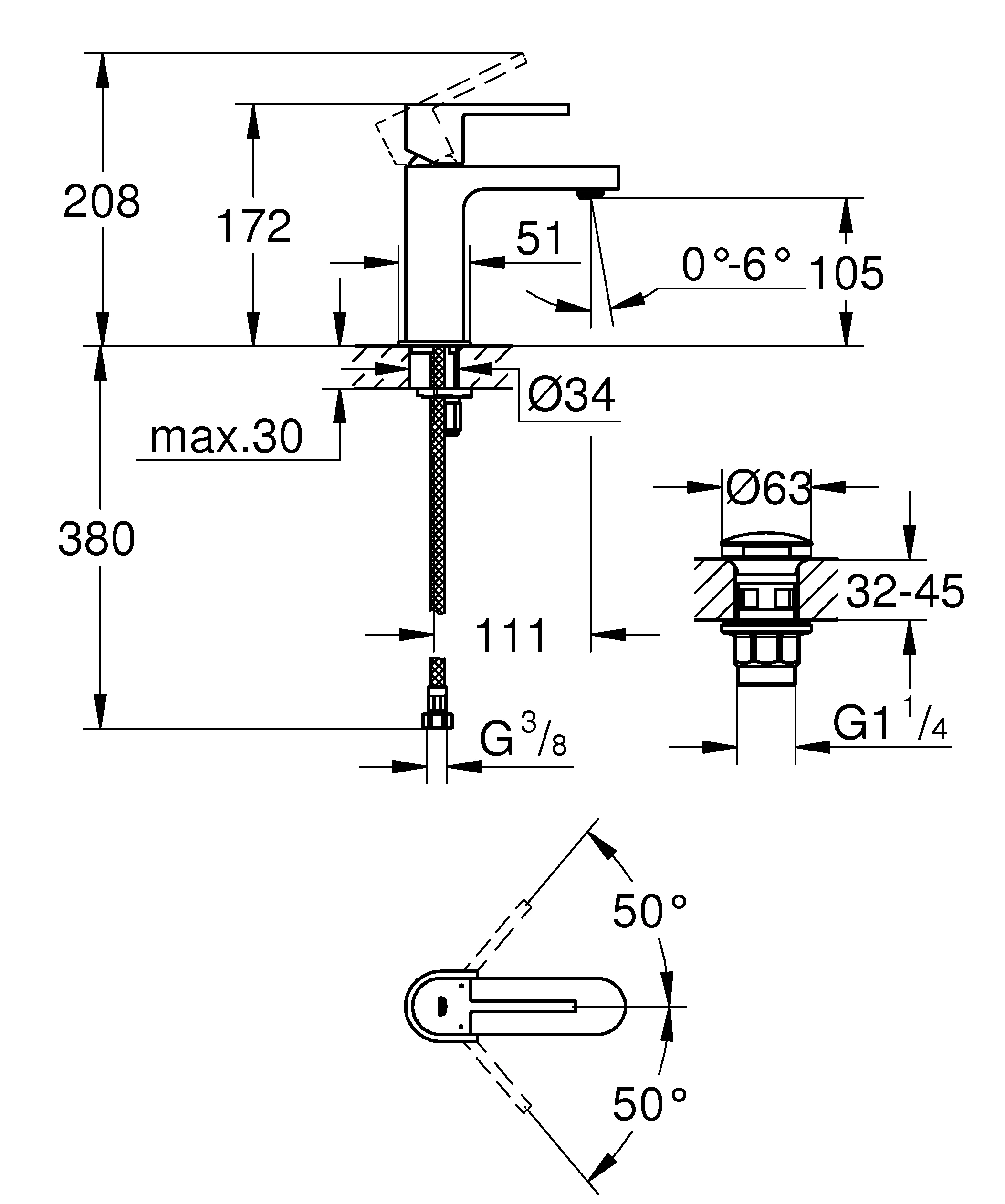 Einhand-Waschtischbatterie Plus 33163_3, S-Size, Einlochmontage, glatter Körper, Push-open Ablaufgarnitur 1 1/4″, chrom