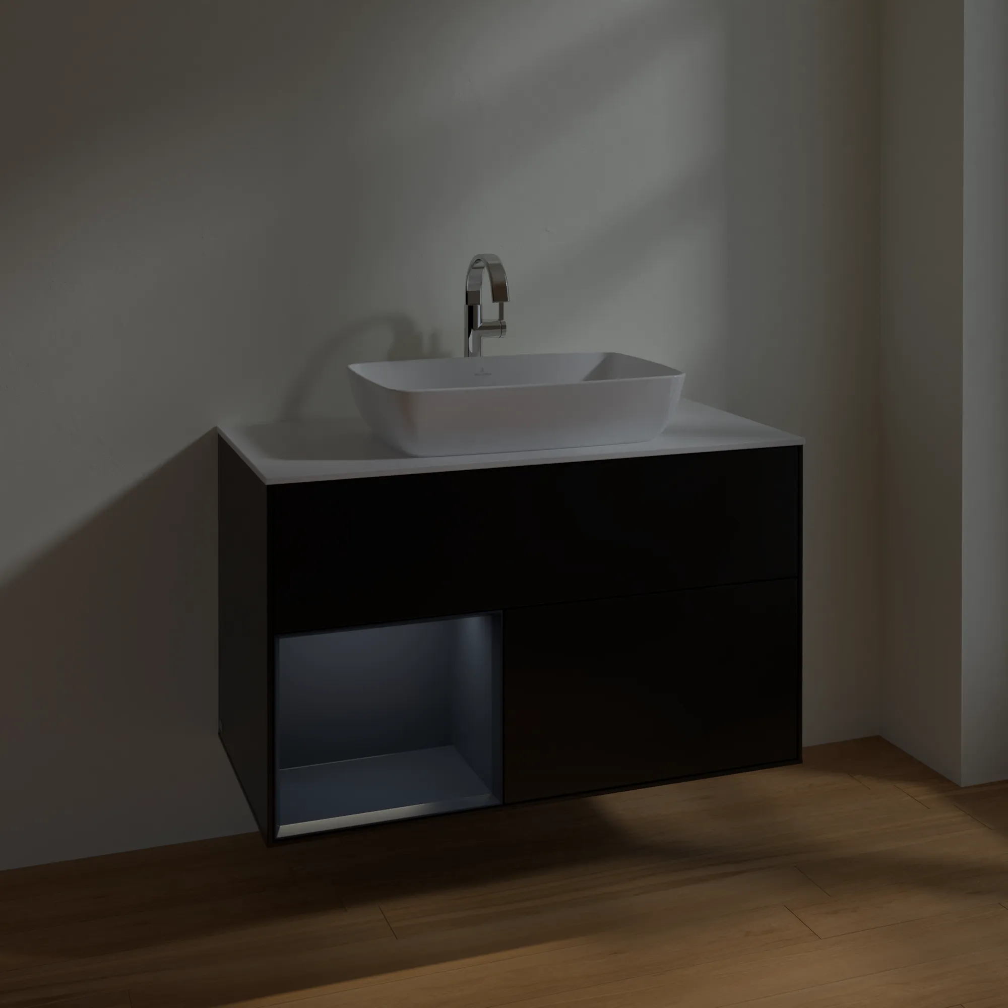 Villeroy & Boch Waschbeckenunterschrank Finion F77, 1000x603x501 mm, Black Matt Lacquer / Midnight Blue Matt Lacquer, mit Beleuchtung und SoftClosing Villeroy & Boch Waschbeckenunterschrank Finion F77, 1000x603x501 mm, Black Matt Lacquer / Midnight Blue Matt Lacquer, mit Beleuchtung und SoftClosing