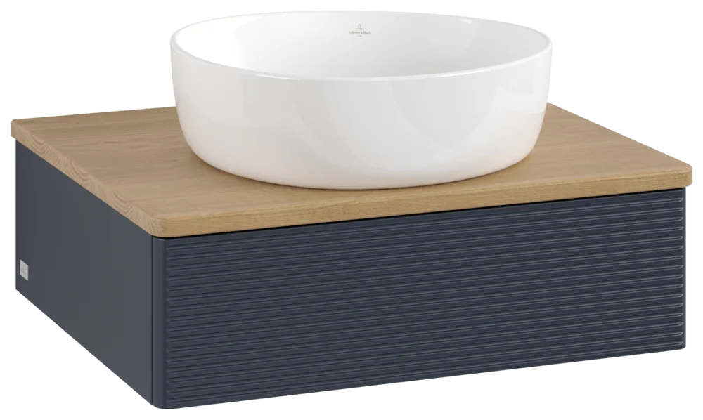 Villeroy & Boch Waschbeckenunterschrank Antao K07_1, 600x190x500 mm, Midnight Blue Matt Lacquer, Massivholz Abdeckplatte, SoftClosing, Push-to-open