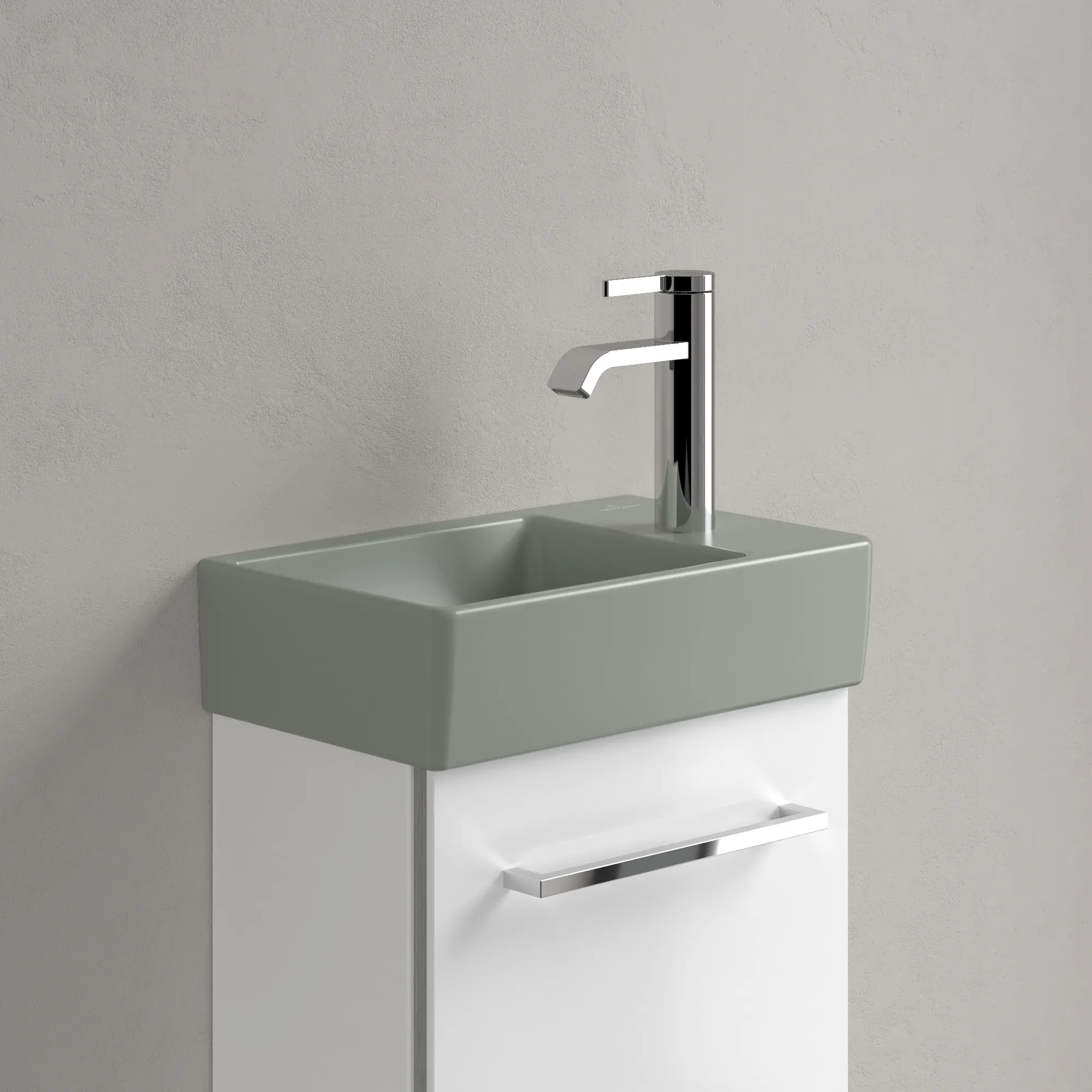 Villeroy & Boch Handwaschbecken „Avento“ 360 × 220 × 110 mm, für Becken links, mit Hahnlochbohrung, Hahnlochposition mittig in Morning Green Villeroy & Boch Handwaschbecken „Avento“ 360 × 220 × 110 mm, für Becken links, mit Hahnlochbohrung, Hahnlochposition mittig in Morning Green
