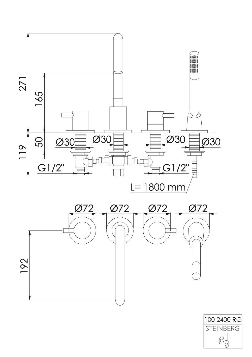 Serie 100 4-Loch Wanne/Brause-Standarmatur mit Ausladung 19,2 cm chrom Serie 100 4-Loch Wanne/Brause-Standarmatur mit Ausladung 19,2 cm chrom