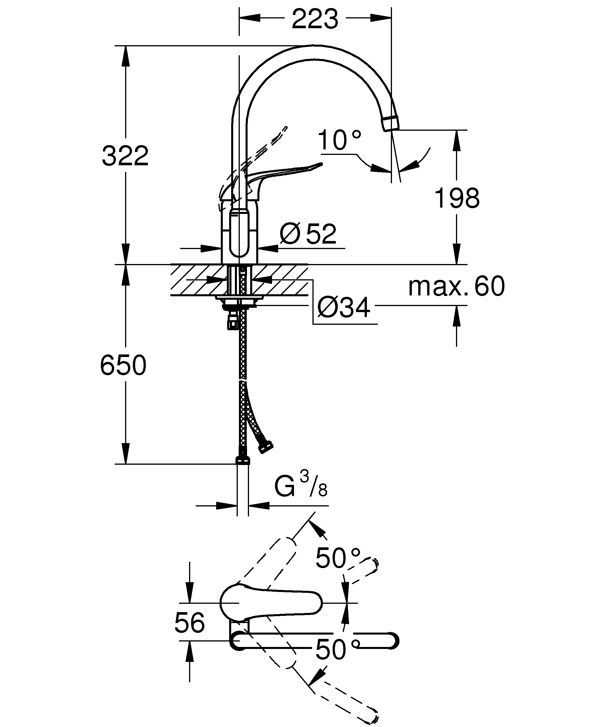 Einhand-Spültischbatterie Euroeco Special 32786, Einlochmontage, flacher schwenkbarer Rohrauslauf, 46 mm Keramikkartusche, Hebellänge 120 mm, chrom