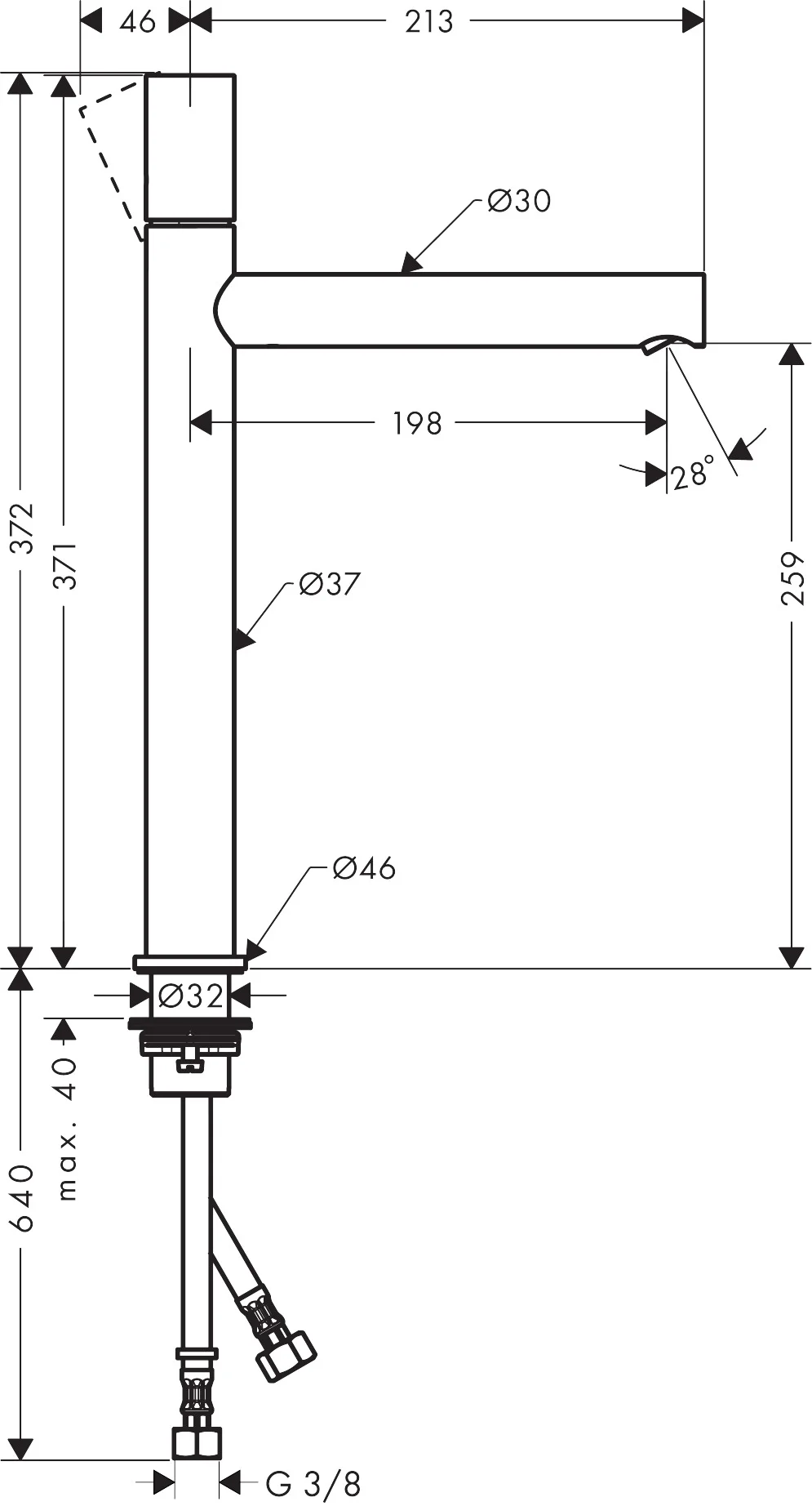 Hansgrohe AXOR Uno Einhebel-Waschtischmischer 260, Chrom, Ausladung 198 mm, Auslaufhöhe 259 mm, Zerogriff, Laminarstrahl, max. Durchflussmenge 5 l/min
