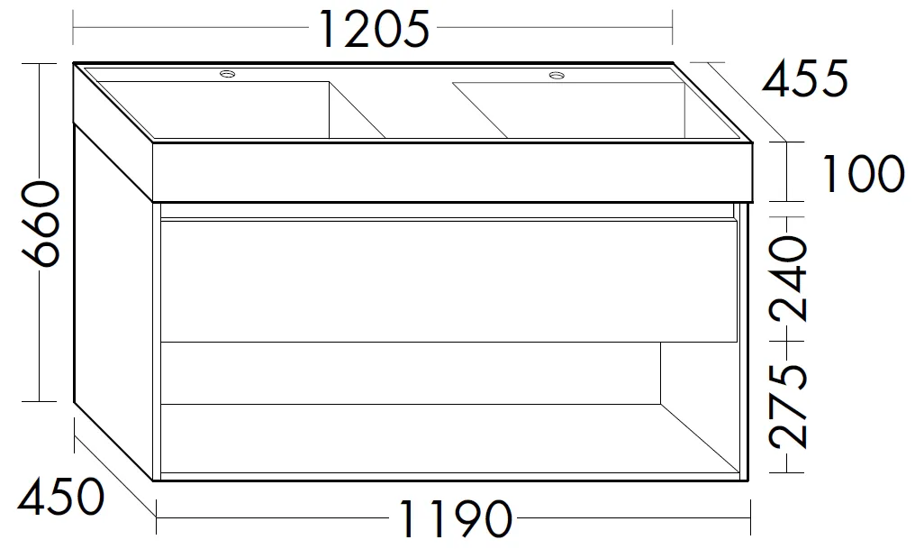 burgbad Mineralguss-Waschtisch inkl. Waschtischunterschrank Devio, 455x1205x660 mm, Muldentiefe 103 mm, 2 Auszüge à 300 mm, cleanFlow