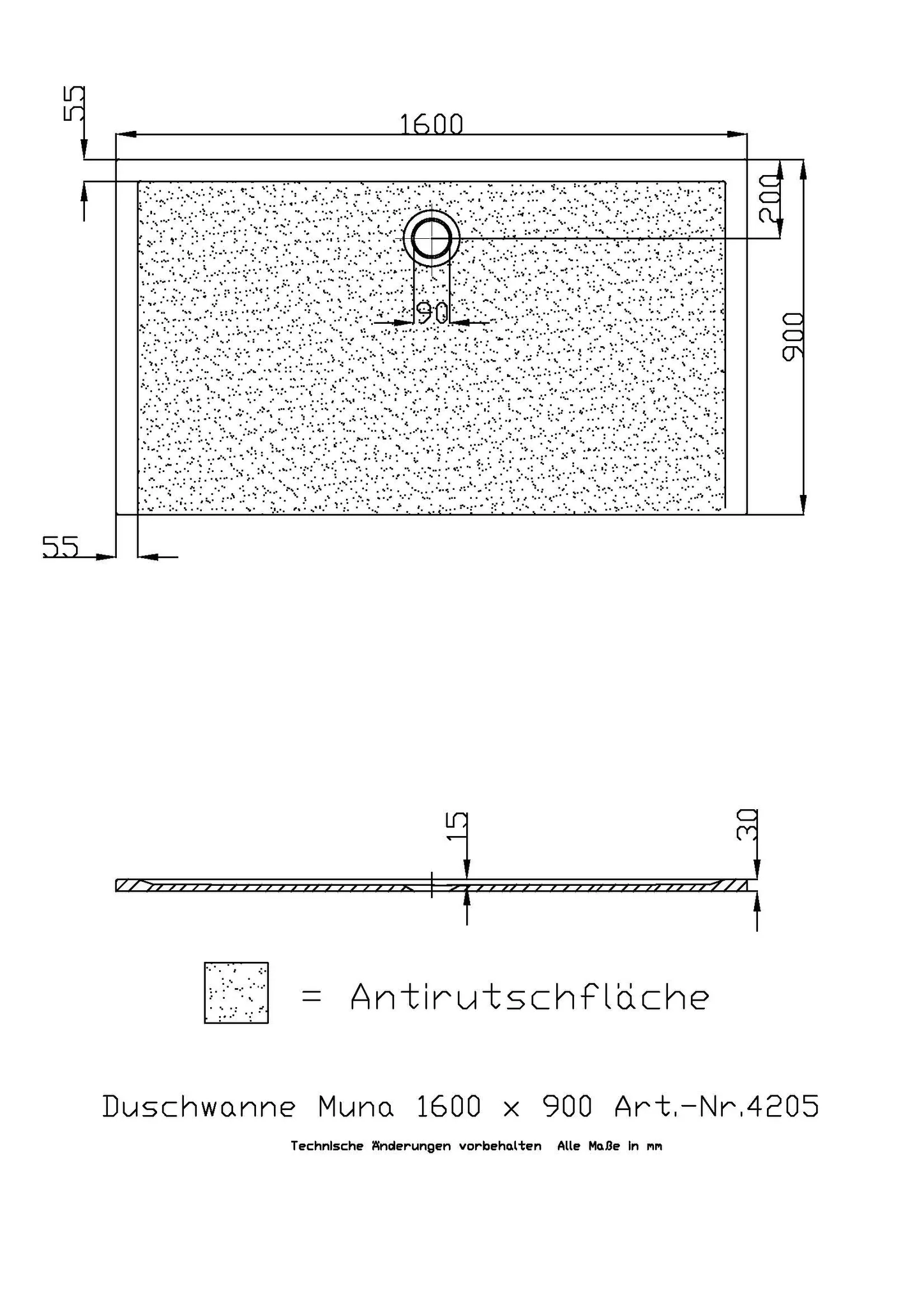 Hoesch Muna Duschwanne Mineralguss Solique, Weiß, 1600x900x30mm