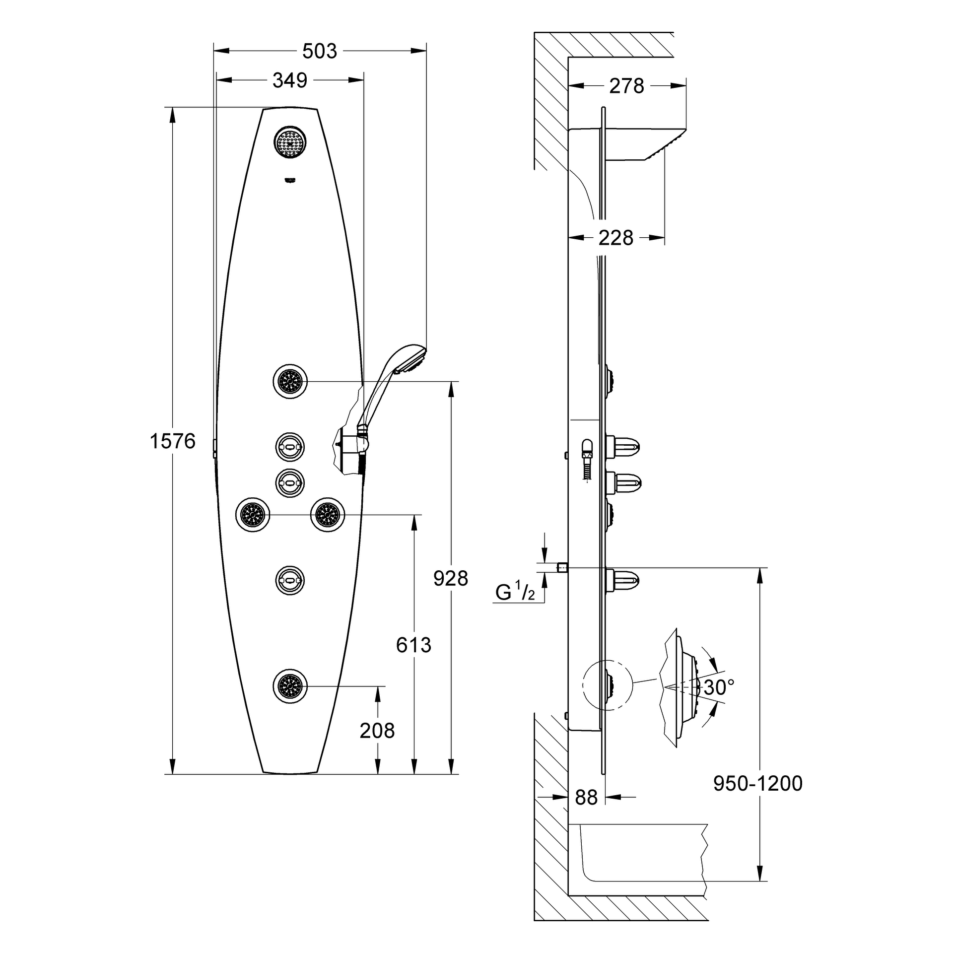 Duschsystem Amera 27013, mit Echtglasabdeckung, mit Thermostat, Wandmontage, chrom/glas