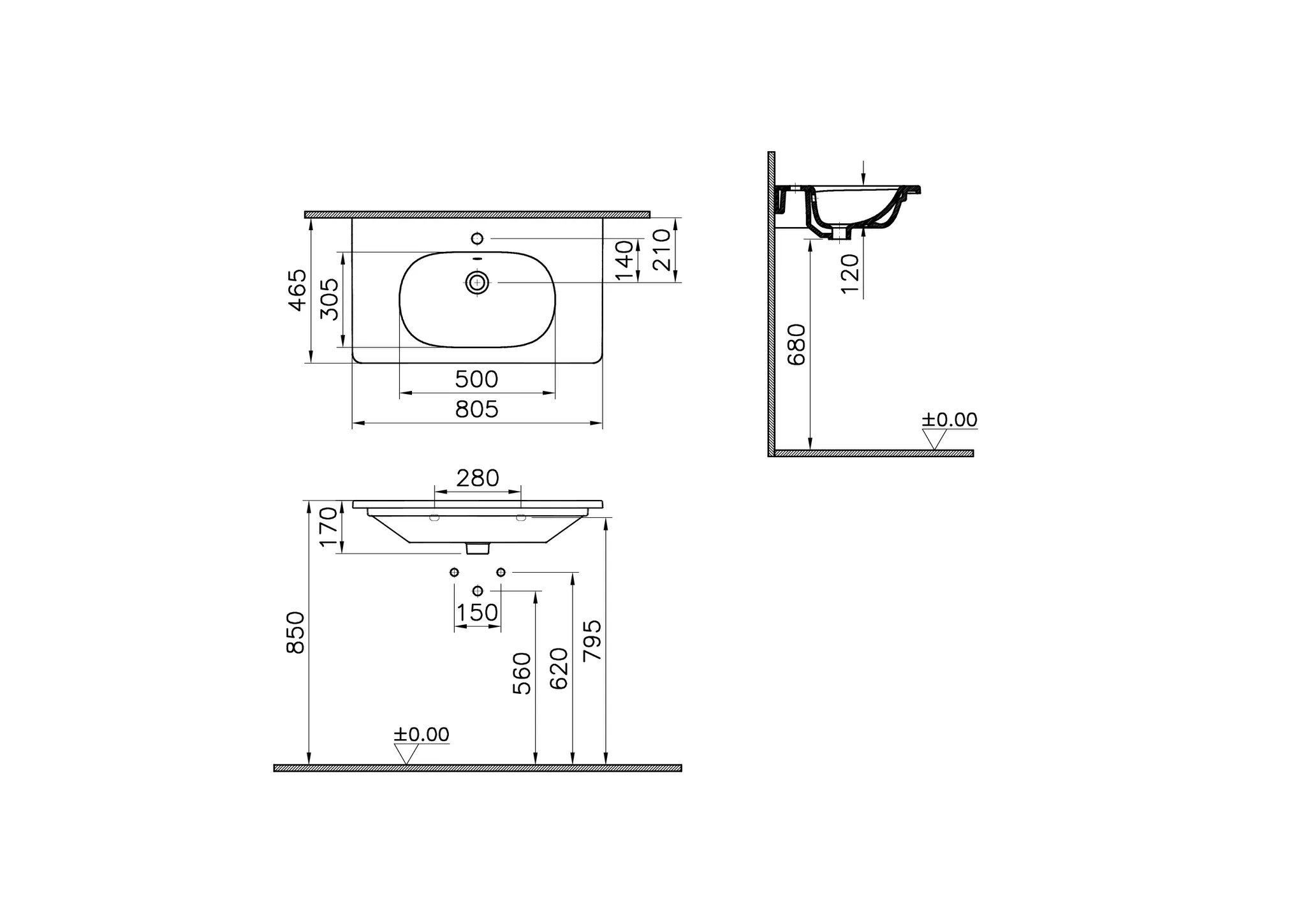VitrA Zentrum Möbelwaschtisch 81 x 47 cm (B x T) mit Hahnloch und Überlaufloch, Weiß Hochglanz