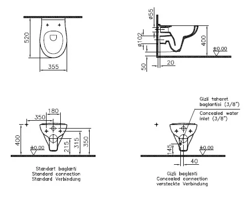 VitrA S20 Tiefspüler-Wand-WC VitrA Flush 2.0 mit Bidetfunktion ovale Form 36 x 52 cm Weiß Hochglanz