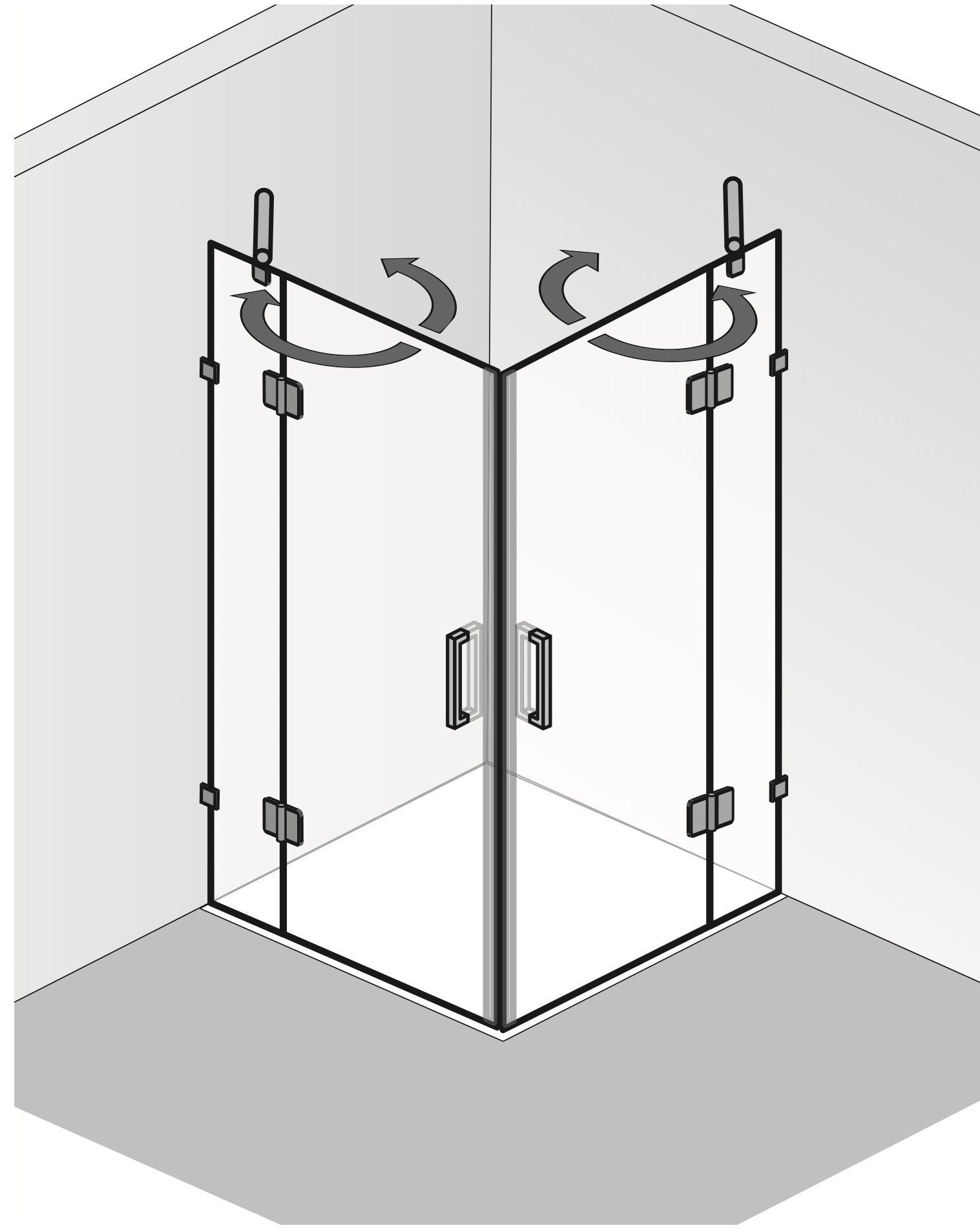 HSK rahmenlos Eckeinstieg pendelbar 4-teilig „Aperto Pur“ Glas Klar hell, Scharniere Schwarz-matt, Sondergröße HSK rahmenlos Eckeinstieg pendelbar 4-teilig „Aperto Pur“ Glas Klar hell, Scharniere Schwarz-matt, Sondergröße