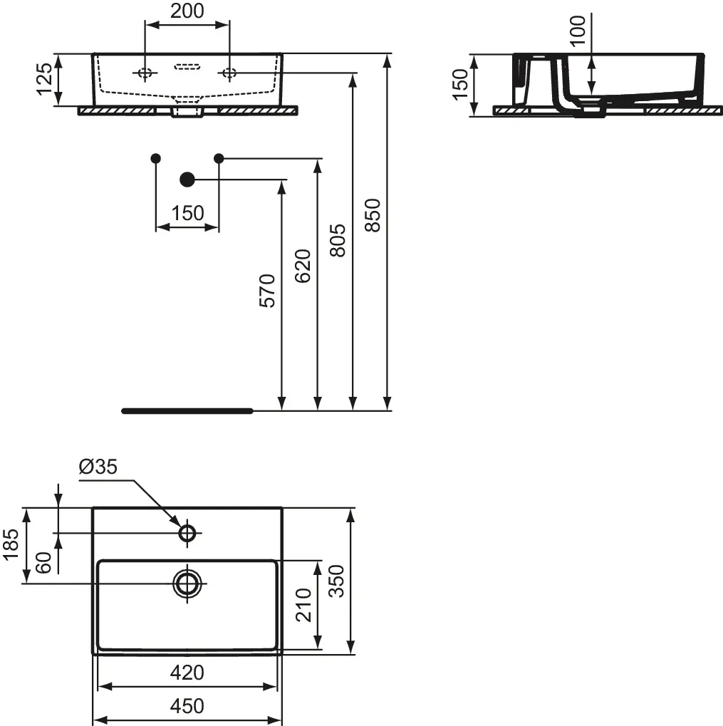 Waschbecken „Extra“ 45 × 35 × 15 cm, Hahnlochposition mittig in Weiß Waschbecken „Extra“ 45 × 35 × 15 cm, Hahnlochposition mittig in Weiß