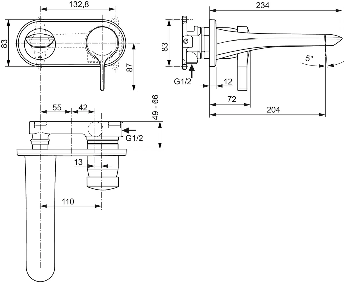 Wand-Waschtischarmatur Melange, Bausatz 2, Ausladung 204mm, Chrom