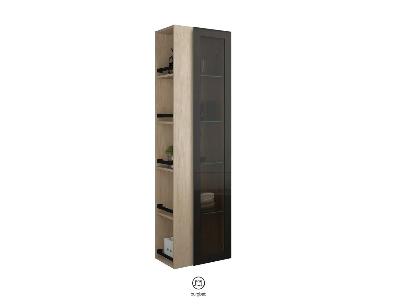 Hochschrank, 1 Alurahmentür mit Rauchglaseinsatz in Bronze;4 Glaseinlegeböden;offenes Regal mit 4 Einlegeböden, Tiefe: 320 mm, Breite: 500 mm, Höhe: 1760 mm
