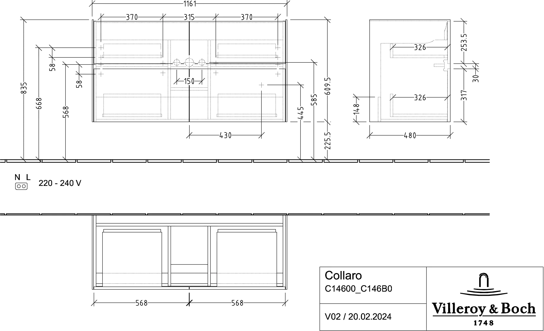Villeroy & Boch Waschtischunterschrank „Collaro“ 1161 × 610 × 480 mm Graphite, mit Beleuchtung, für Becken mittig