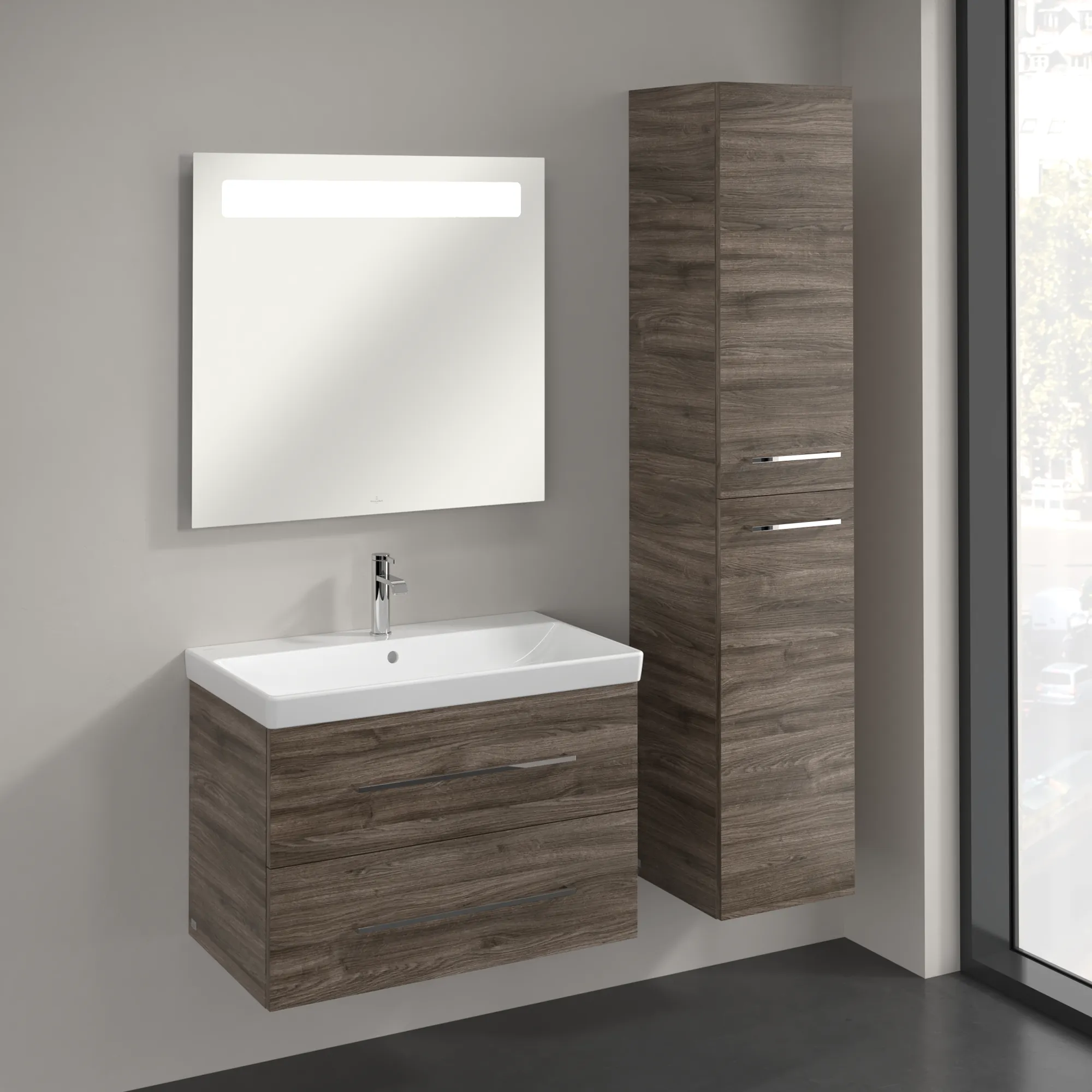 Villeroy & Boch Hochschrank „Avento“ 35 × 176 × 37,2 × 37,2 cm Stone Oak, Anschlag rechts, Soft Closing, 2 Türen