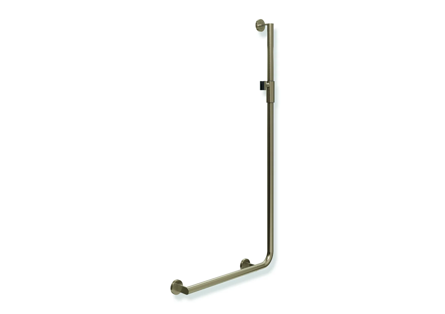 HEWI Winkelgriff System 900, Edelstahl PVD, links, 32 mm Durchmesser, 1250 x 600 mm, Bronze gebürstet mit magnetischem Brausehalter