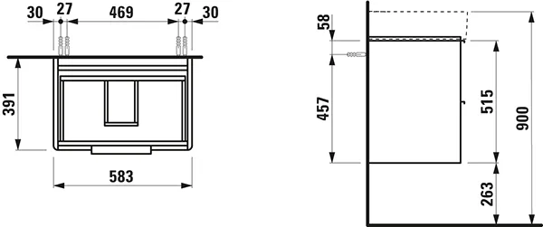 Waschtischunterbau BASE für VAL 391x583x515 2 Schubladen mit Griff aluminium eloxiert für Waschtisch H810283 weiß matt