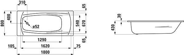 Einbau-Badewanne PALLADIUM 800x1800x430 aus Stahl inklusive Schallschutz weiß