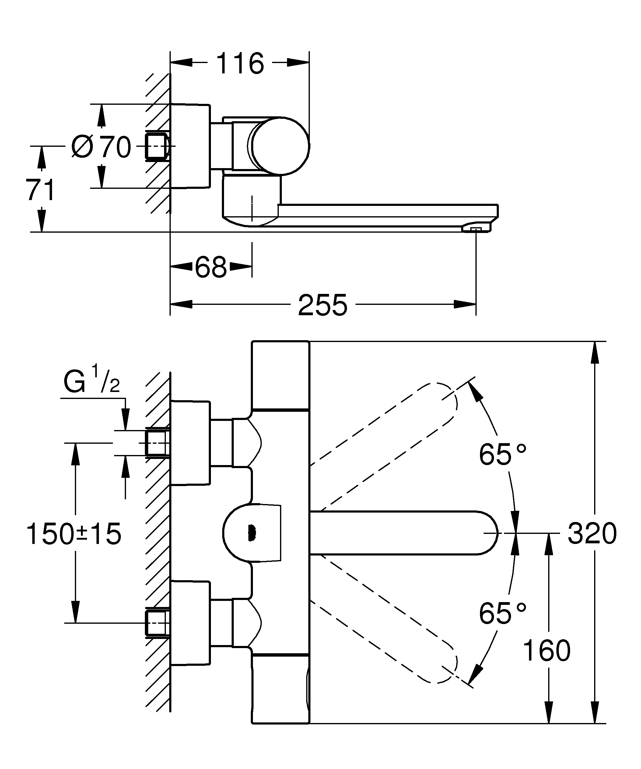 Infrarot-Elektronik für Waschtisch-Wandarmatur Eurosmart CE 36333, mit Mischeinrichtung und Thermostat, 6 V Lithium-Batterie, Typ CR-P2, Rückflussverhinderer, Ausladung 255 mm, chrom