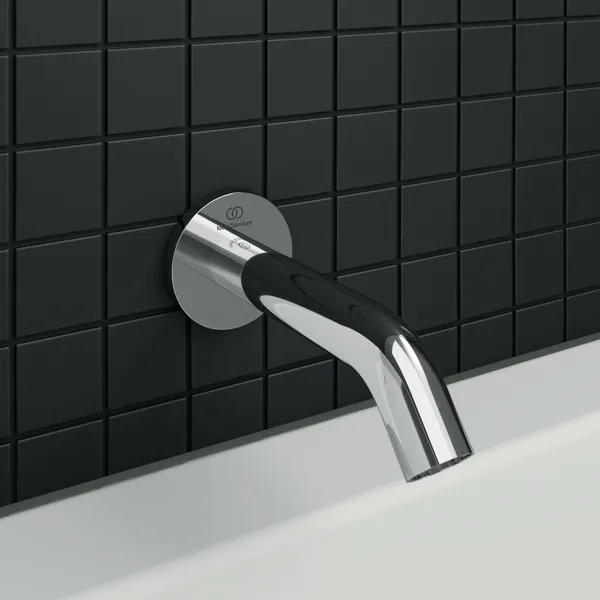 Wandauslauf Joy, Ausladung 160mm, mit runder Rosette, Brushed Gold Wandauslauf Joy, Ausladung 160mm, mit runder Rosette, Brushed Gold