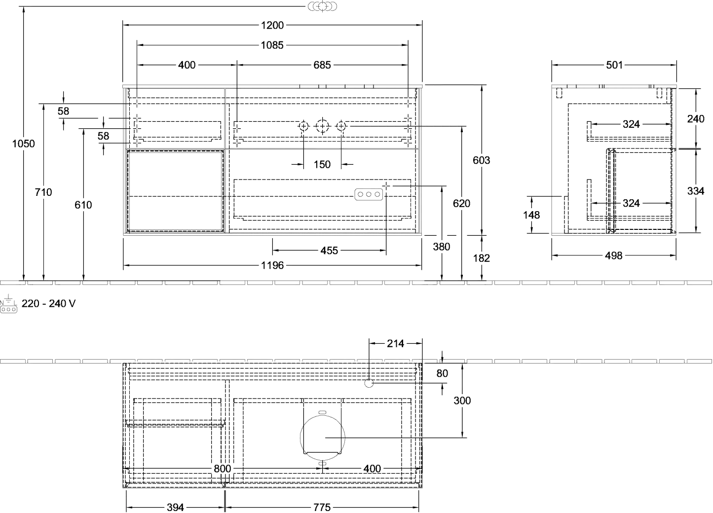 Villeroy & Boch Waschtischunterschrank „Finion“ für Schrankwaschtisch 1200 × 603 × 501 mm Oak Veneer, für Becken rechts, mit Hahnlochbohrung