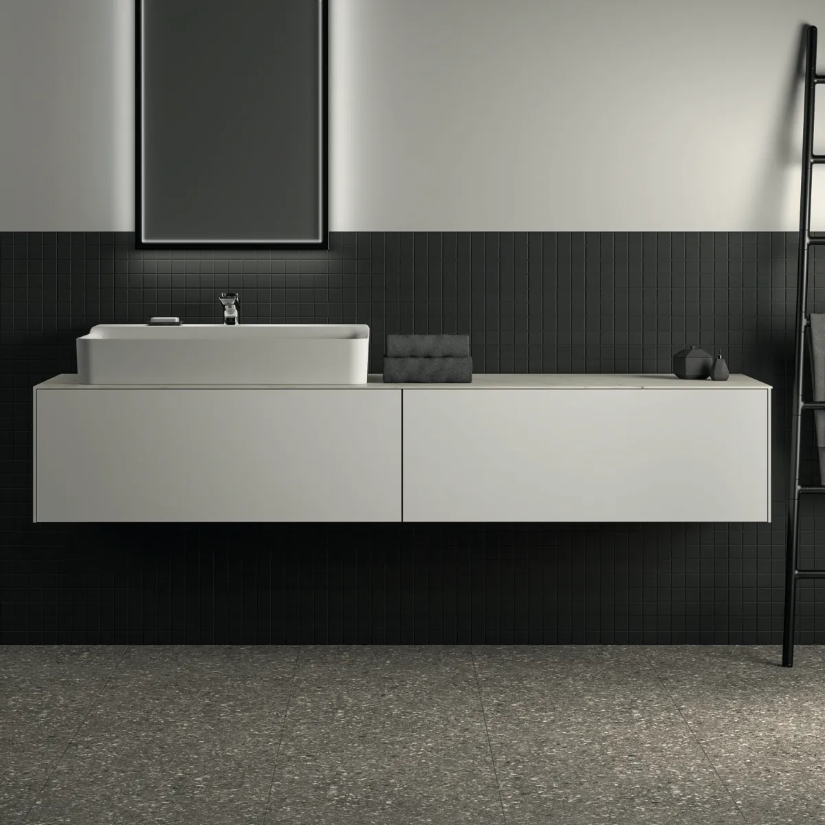 Waschtischplatte Conca, aus Keramik, 1987x505x6mm, Marmor Noir Desir