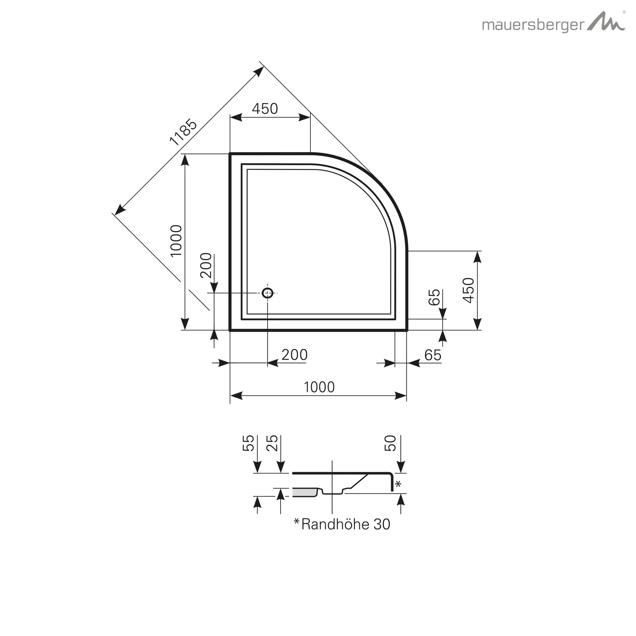 Mauersberger aphylla Acryl-Duschwanne Viertelkreisform 100 SF R:55 Mauersberger aphylla Acryl-Duschwanne Viertelkreisform 100 SF R:55