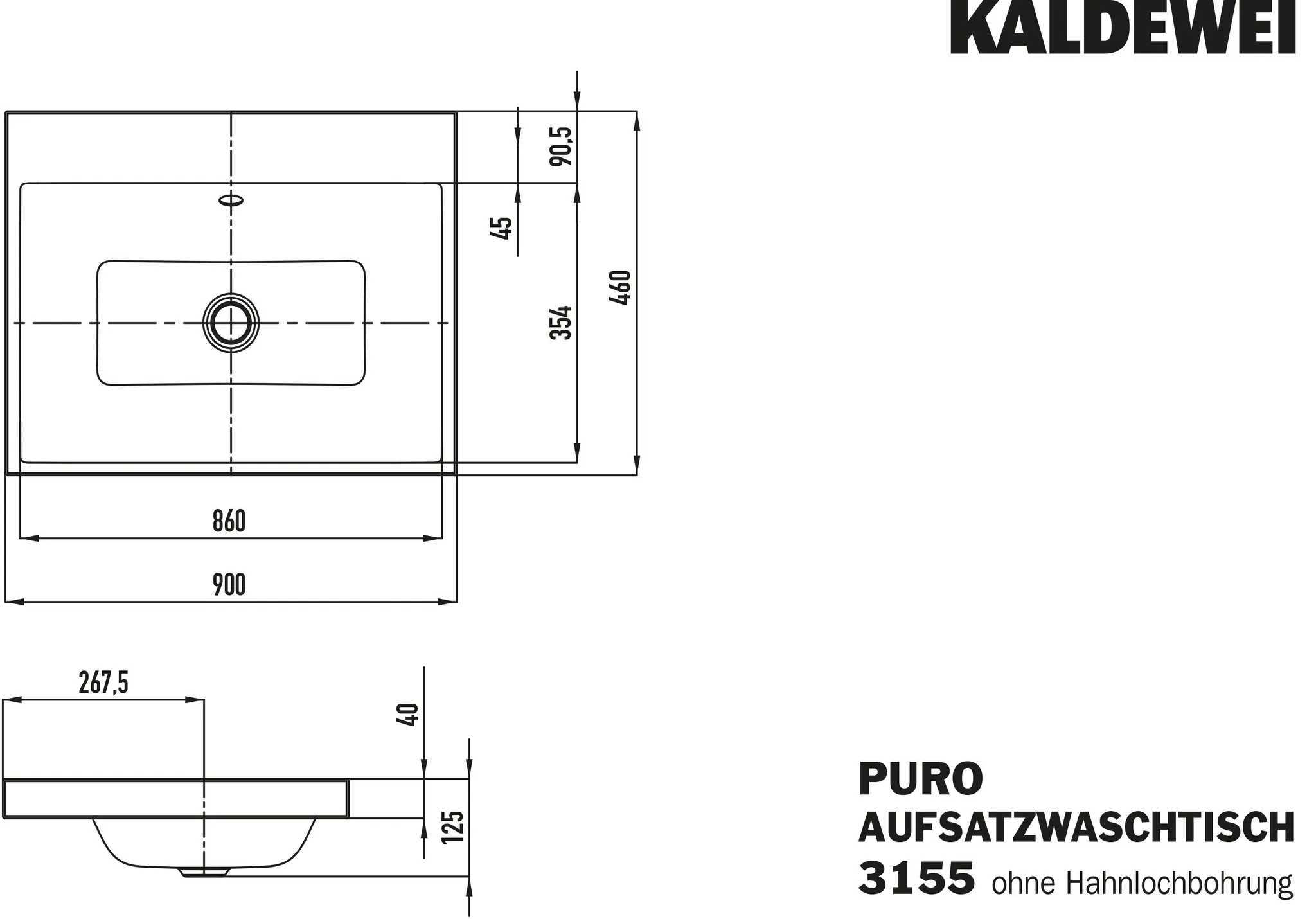 Aufsatzwaschtisch „Puro“ 90 × 46 cm, ohne Hahnlochbohrung in cool grey 70, mit Perl-Effekt