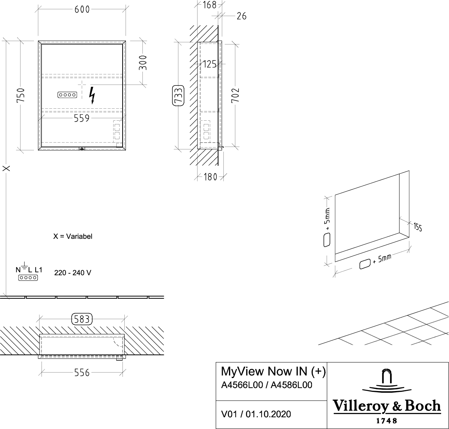 Villeroy & Boch Einbau-Spiegelschrank „My View+“ 600 × 750 × 168 mm in White Matt, Anschlag links, links