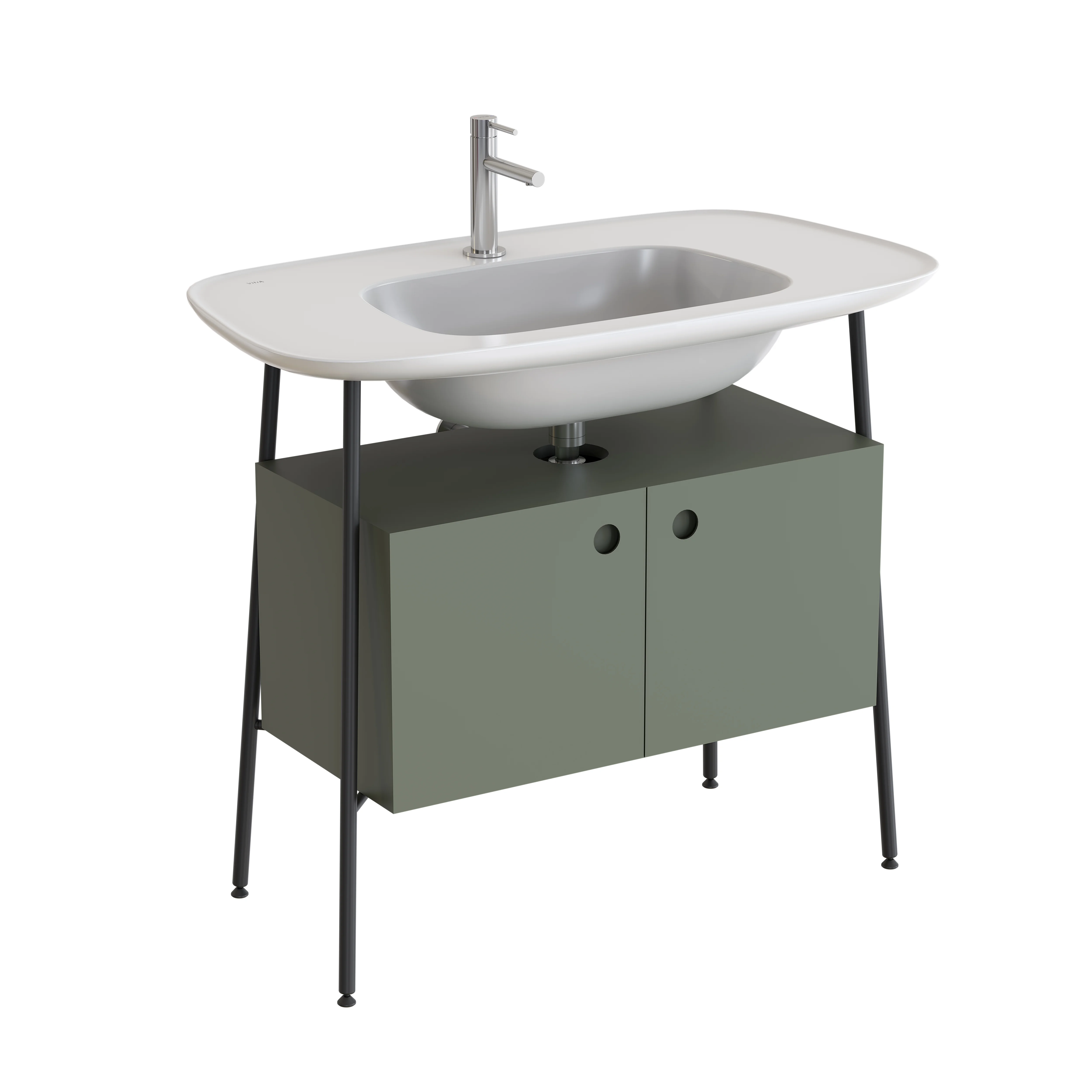 Plural Set 100 cm Waschtischunterbau mit 2 Türen und Möbelwaschtisch Retrogrün Matt/Weiß Hochglanz