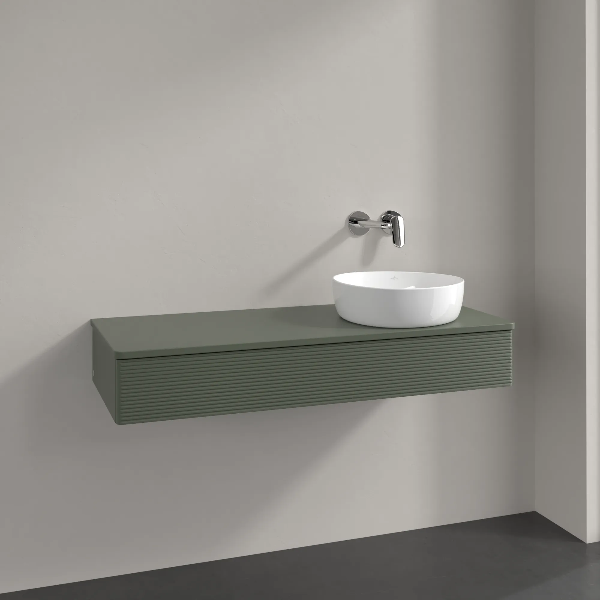 Villeroy & Boch Waschtischunterschrank „Antao“ 1200 × 190 × 500 mm Leaf Green Matt Lacquer, für Becken rechts, ohne Beleuchtung Villeroy & Boch Waschtischunterschrank „Antao“ 1200 × 190 × 500 mm Leaf Green Matt Lacquer, für Becken rechts, ohne Beleuchtung